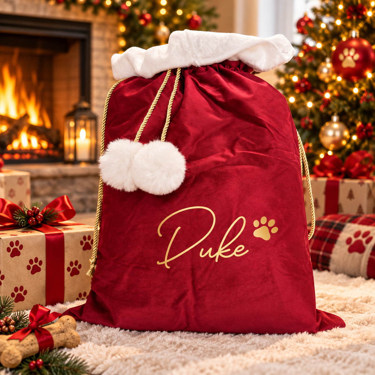 Dog Christmas Santa Sack, Xmas Treats Stocking, Velvet Christmas Eve gift, Pet, Cat Stocking