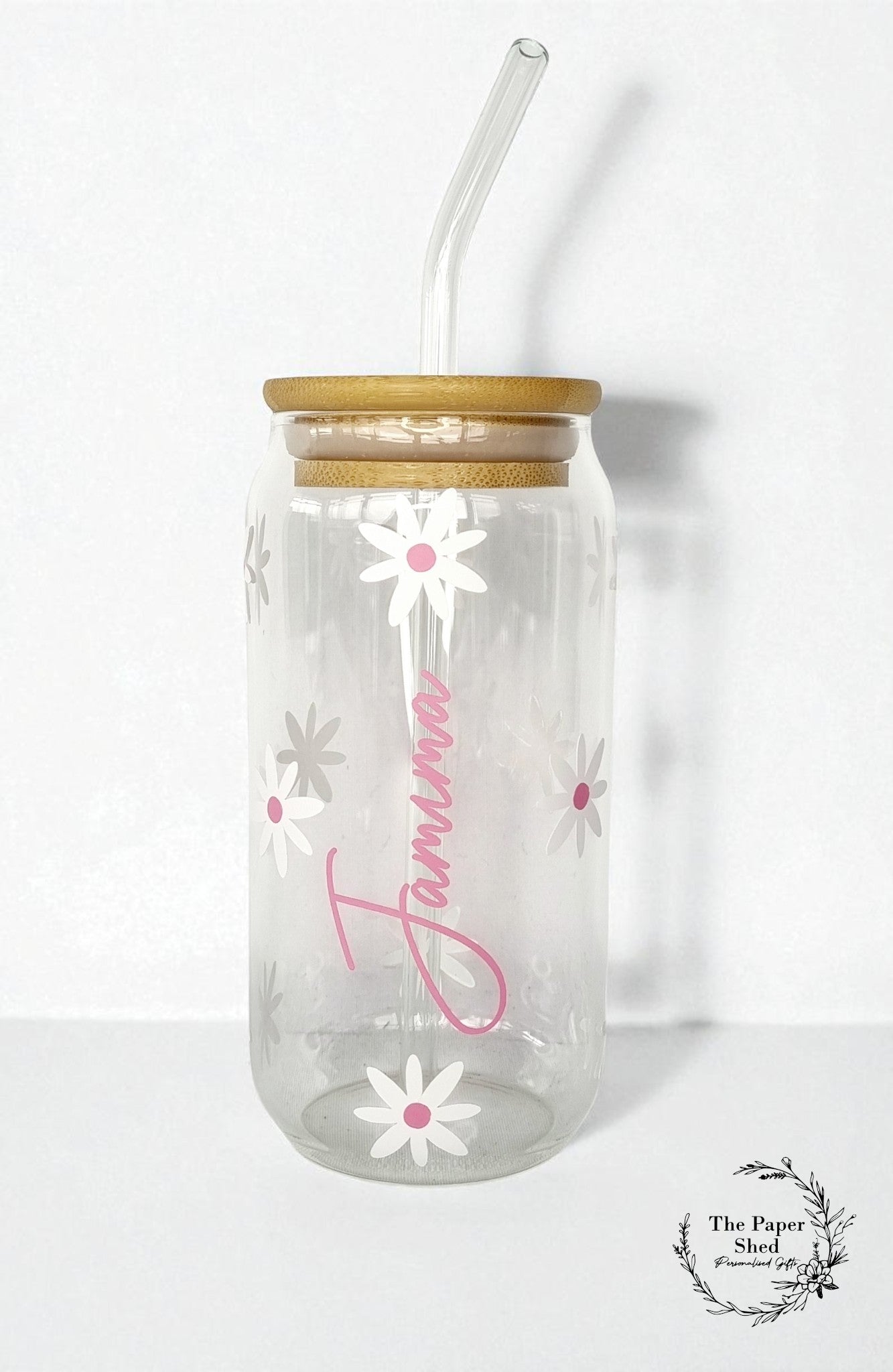 Daisy Coloured Coffee Can Shaped Glass with Bamboo Lid and glass Straw, Iced Coffee Glass, 12oz Cup, with Lid and Straw, Coffee Lovers Gift (Copy)