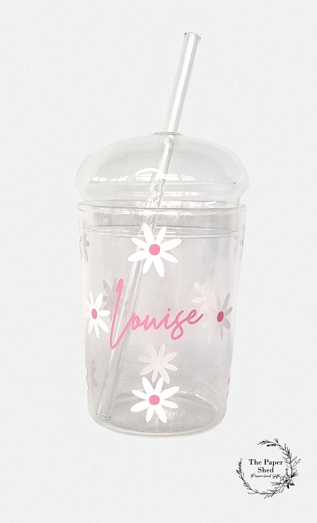 Dome Shaped Glass Daisy Personalised name with Lid and glass Straw, Iced Coffee Glass, Cup, with Lid and Straw, Coffee Lovers Gift (Copy)