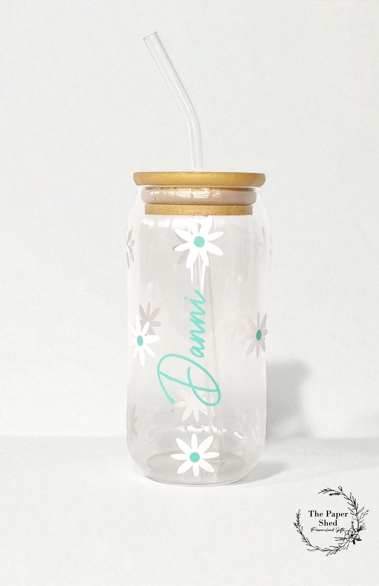 Daisy Coloured Coffee Can Shaped Glass with Bamboo Lid and glass Straw, Iced Coffee Glass, 12oz Cup, with Lid and Straw, Coffee Lovers Gift (Copy)