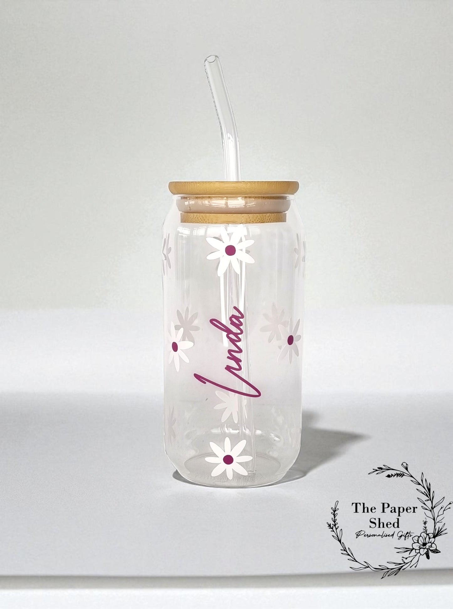Daisy Coloured Coffee Can Shaped Glass with Bamboo Lid and glass Straw, Iced Coffee Glass, 12oz Cup, with Lid and Straw, Coffee Lovers Gift (Copy)
