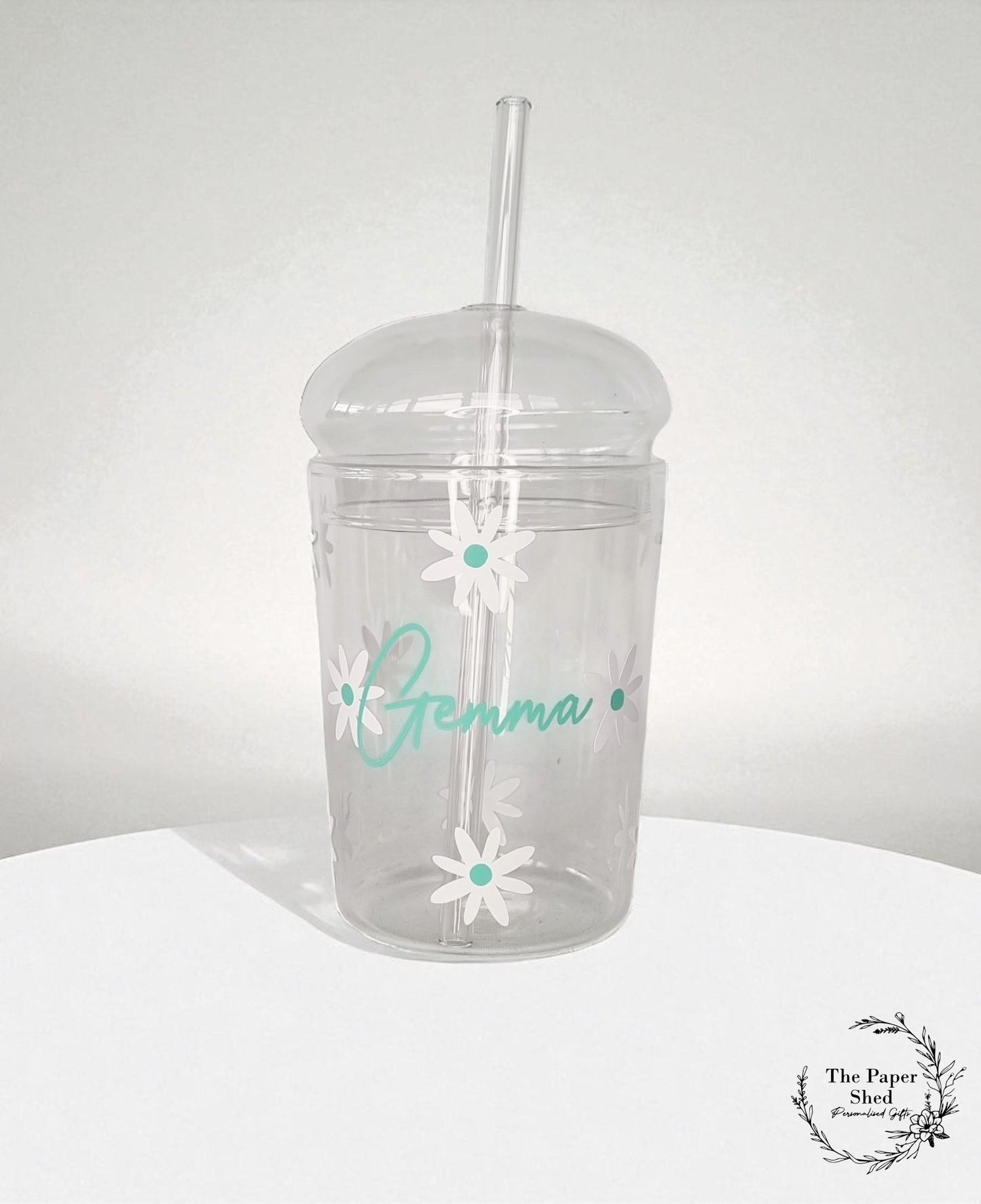 Dome Shaped Glass Daisy Personalised name with Lid and glass Straw, Iced Coffee Glass, Cup, with Lid and Straw, Coffee Lovers Gift (Copy)