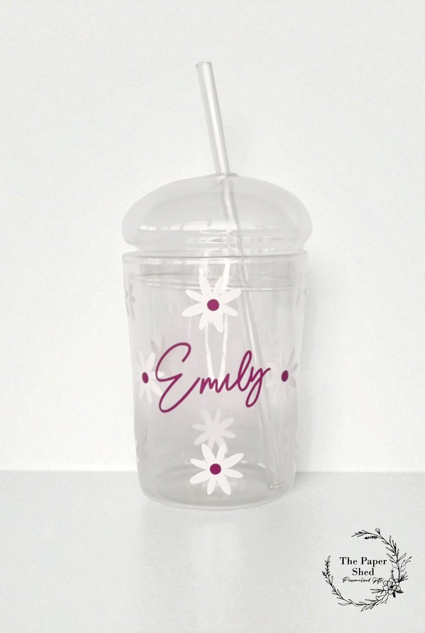 Dome Shaped Glass Daisy Personalised name with Lid and glass Straw, Iced Coffee Glass, Cup, with Lid and Straw, Coffee Lovers Gift (Copy)