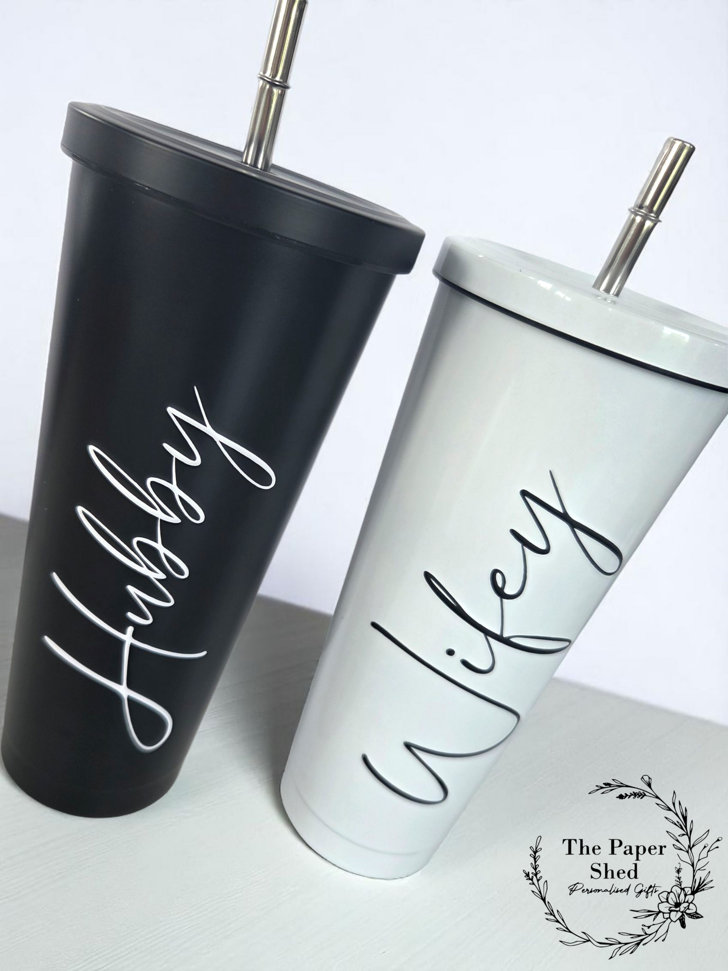 Hubby Wifey Mr Mrs Matching Pastel tall 600ml insulated personalised tumbler with lid and straw metal