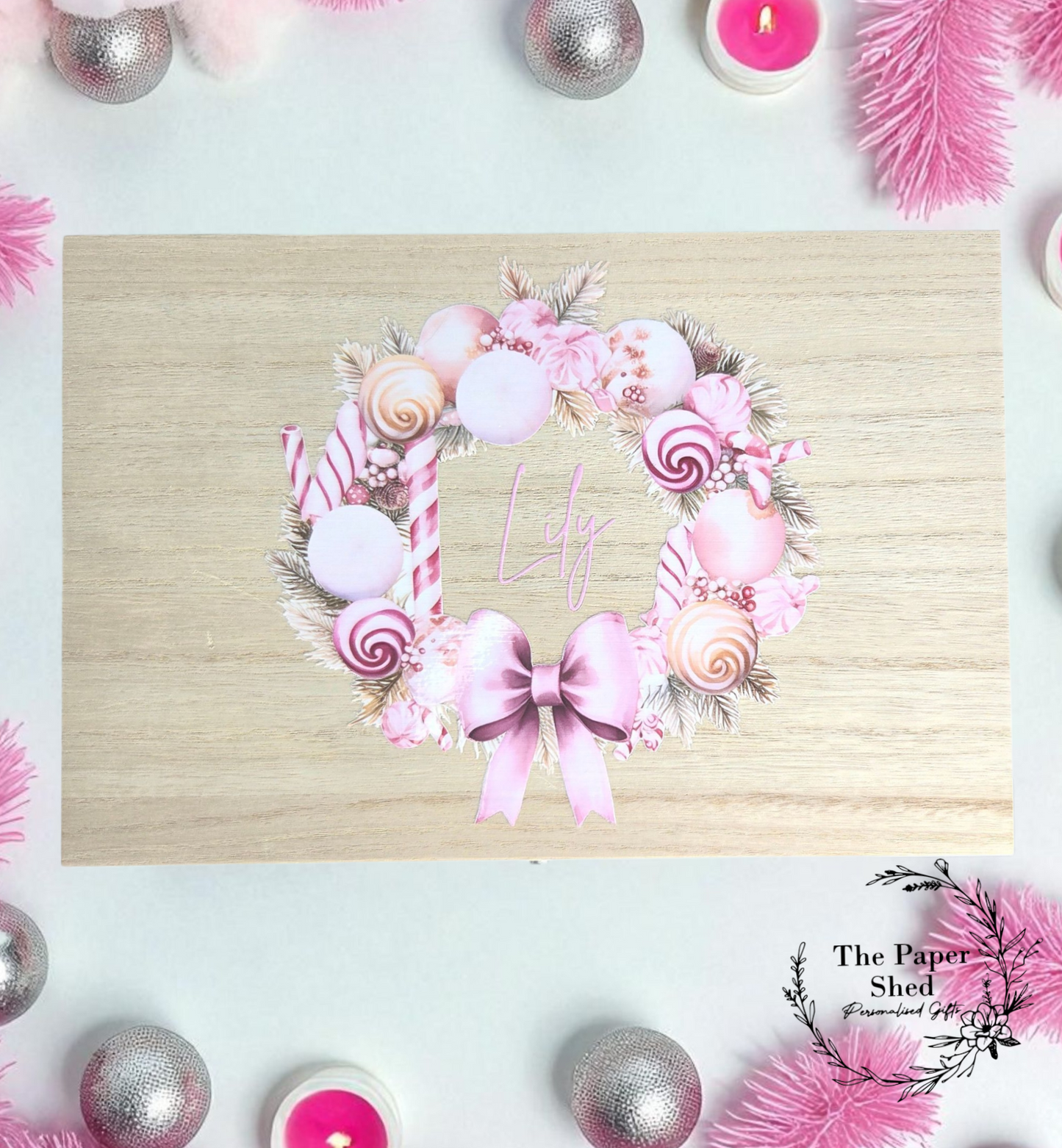 Personalised Pink Wreath Christmas Memory Box
