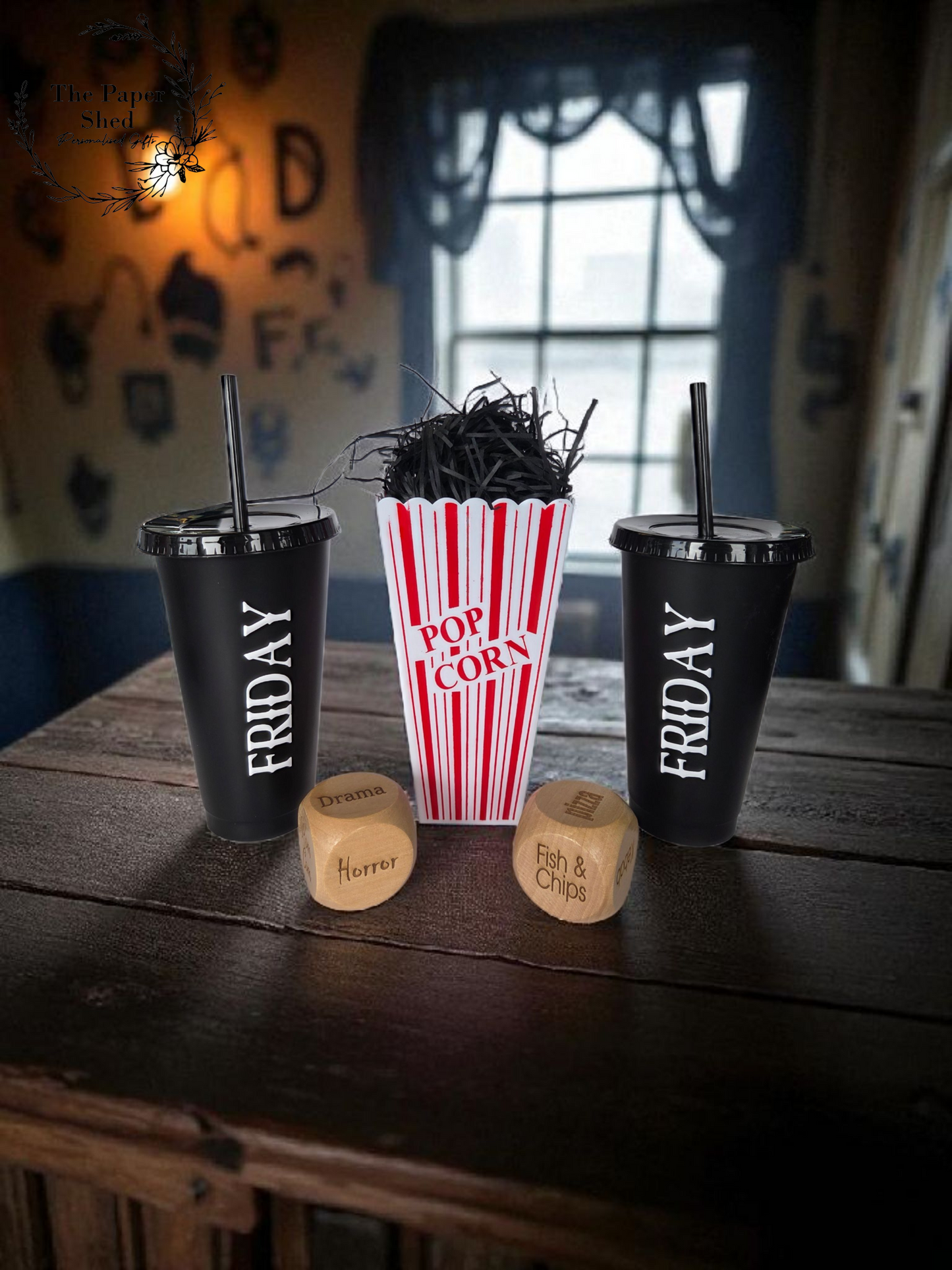 Personalised Gothic Scary Movie/Film night / date night/ hamper, box, popcorn, cinema, tumbler, drink, cup, dice, couple gift, Halloween
