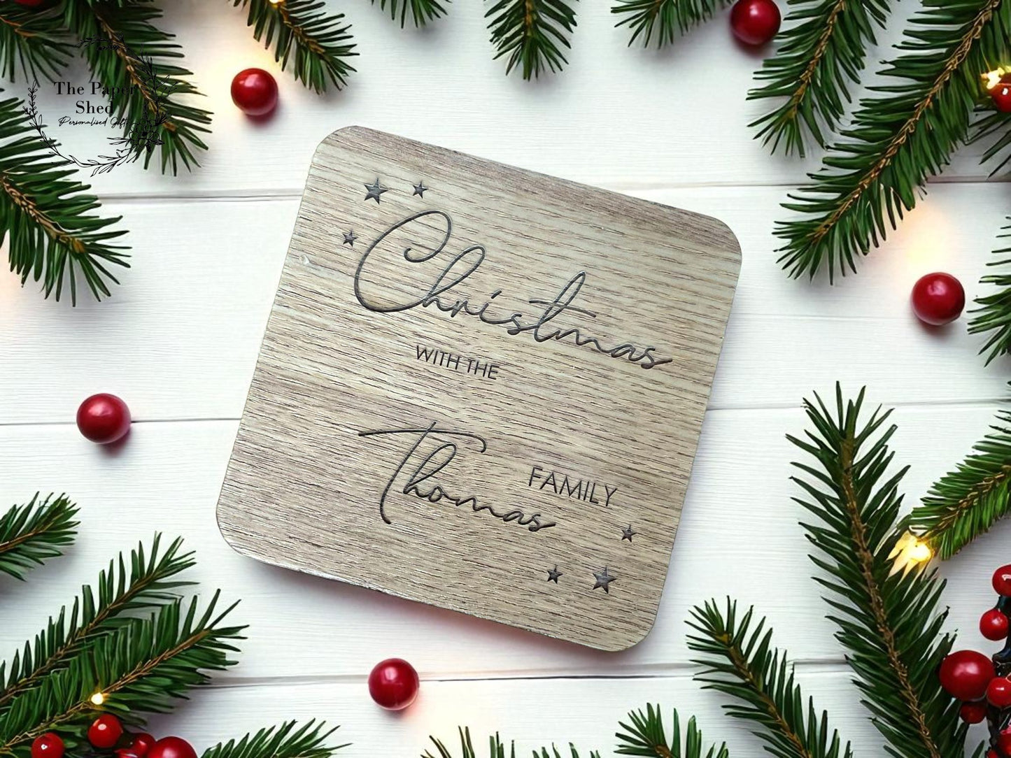 Engraved personalised Family Christmas Wooden Placemats and Drinks Coaster Sets Festive Dinner Table