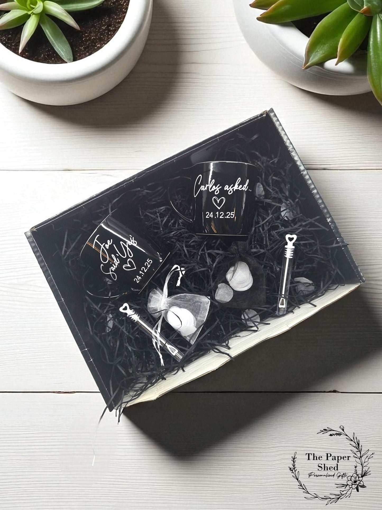 Engagement Gift Hamper He asked and She said yes, Couple Gift Wedding Engaged named mugs hamper Style 2