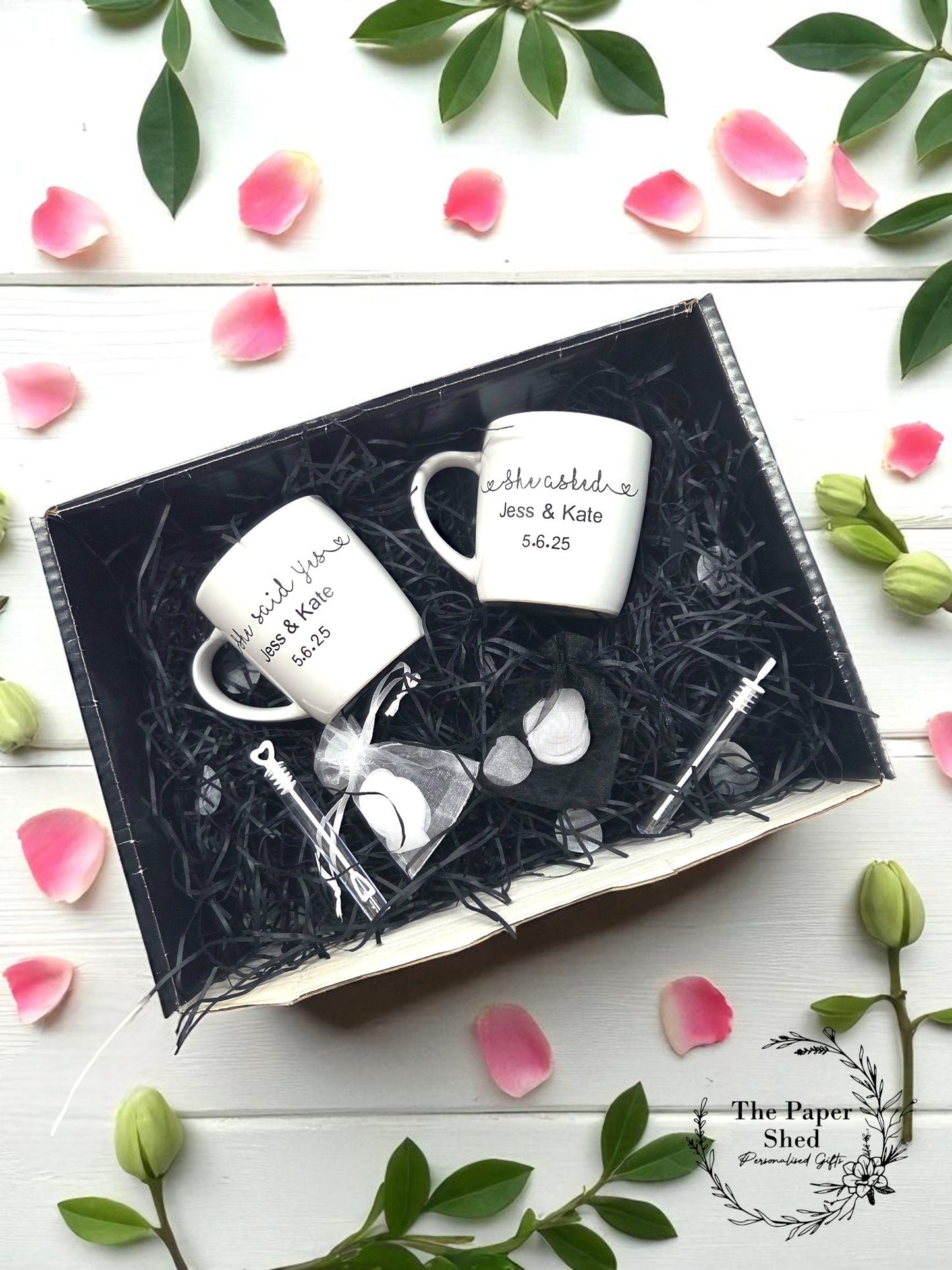 Engagement Gift Hamper He asked and She said yes, Couple Gift Wedding Engaged named mugs hamper