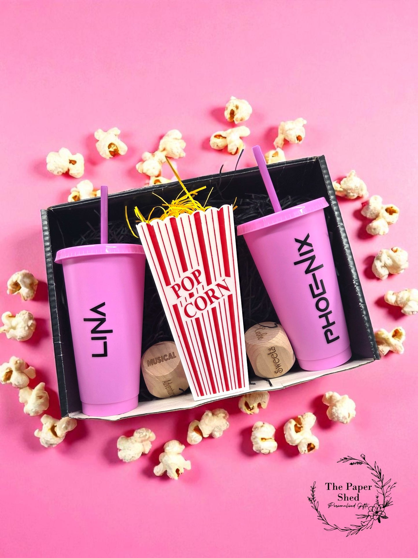 Future Games Personalised Movie/Film night / hamper box, popcorn, name, cinema, tumbler, drink, cup, dice, Christmas Gift, birthday