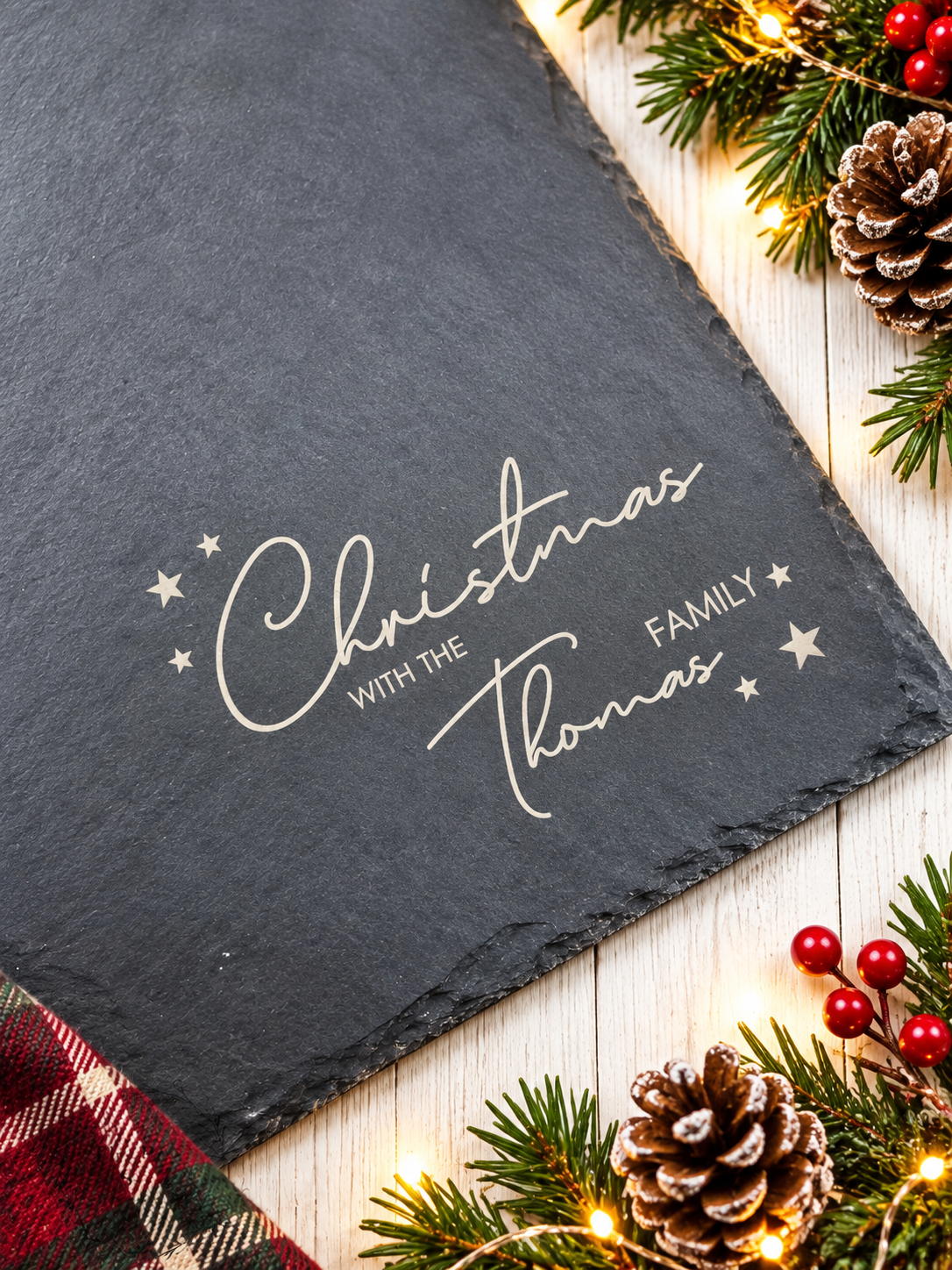 Engraved personalised Family Christmas Slate Placemats and Drinks Coaster Sets Festive Dinner Table