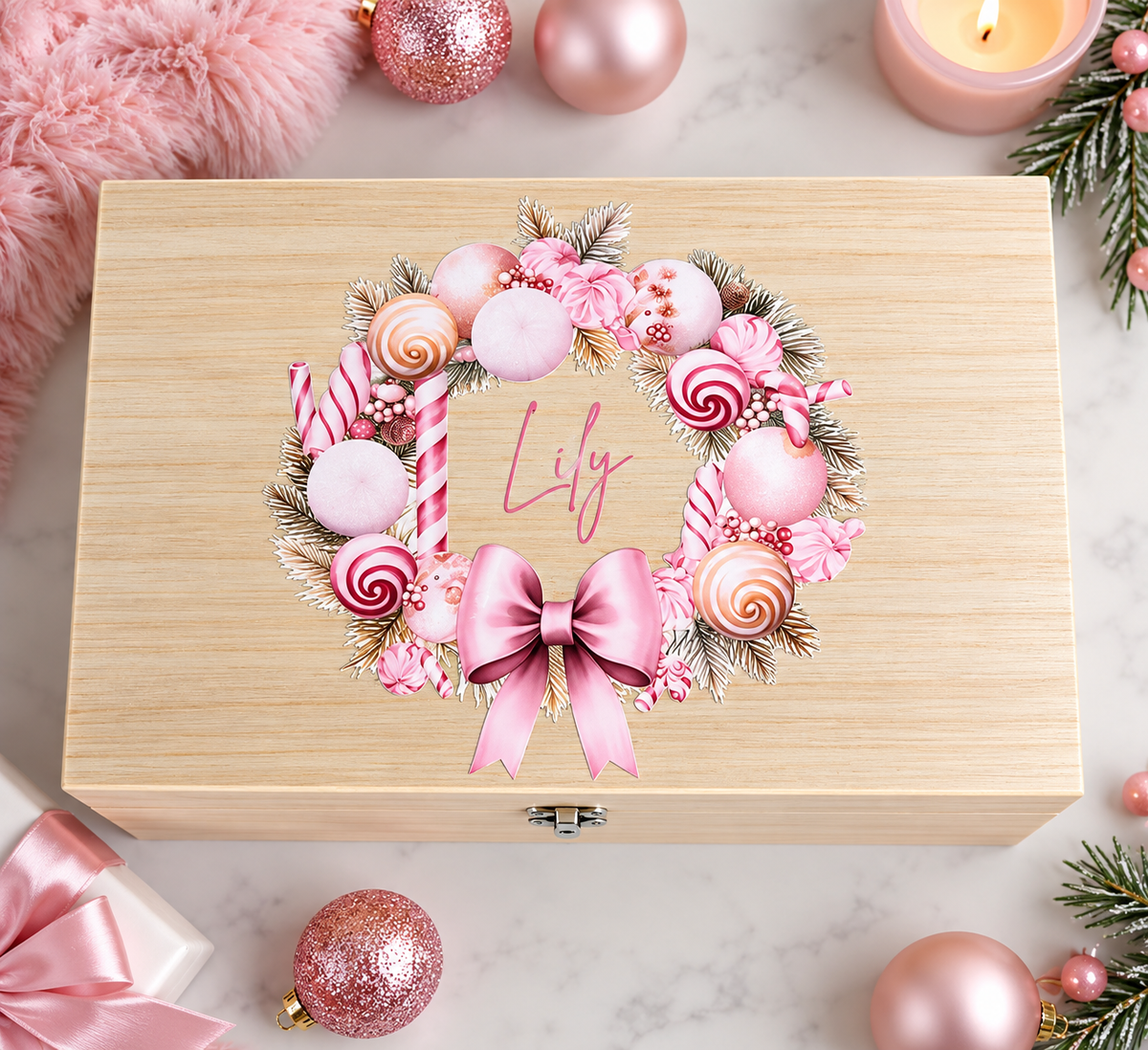 Personalised Pink Wreath Christmas Memory Box