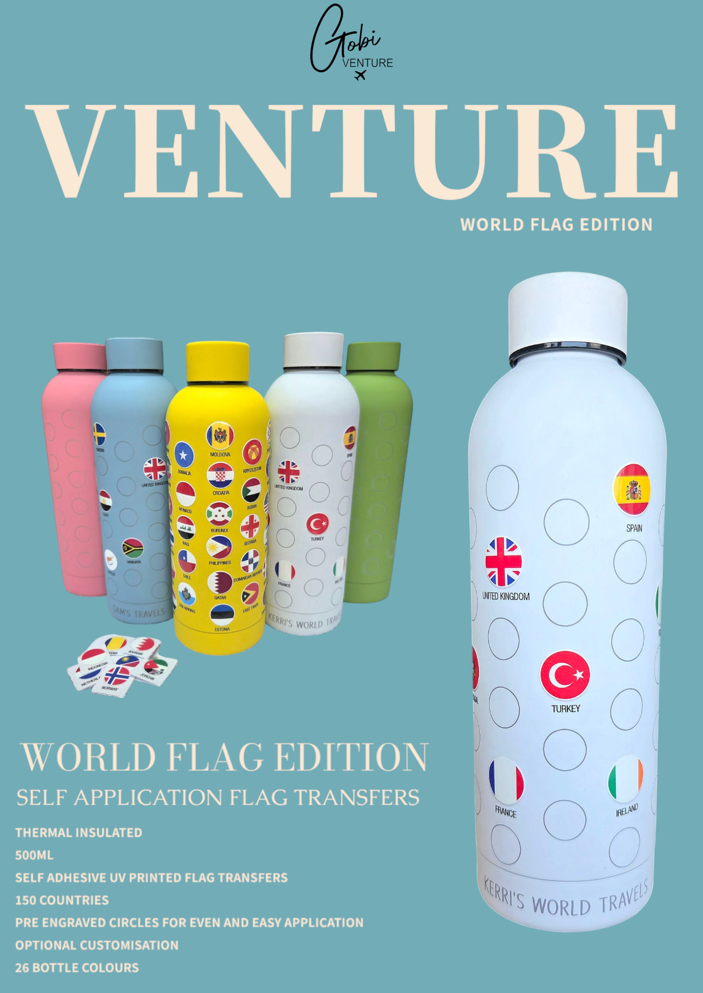 GOBI Venture World Map Edition 500ml Thermal Bottle Self Application World Flag Transfers
