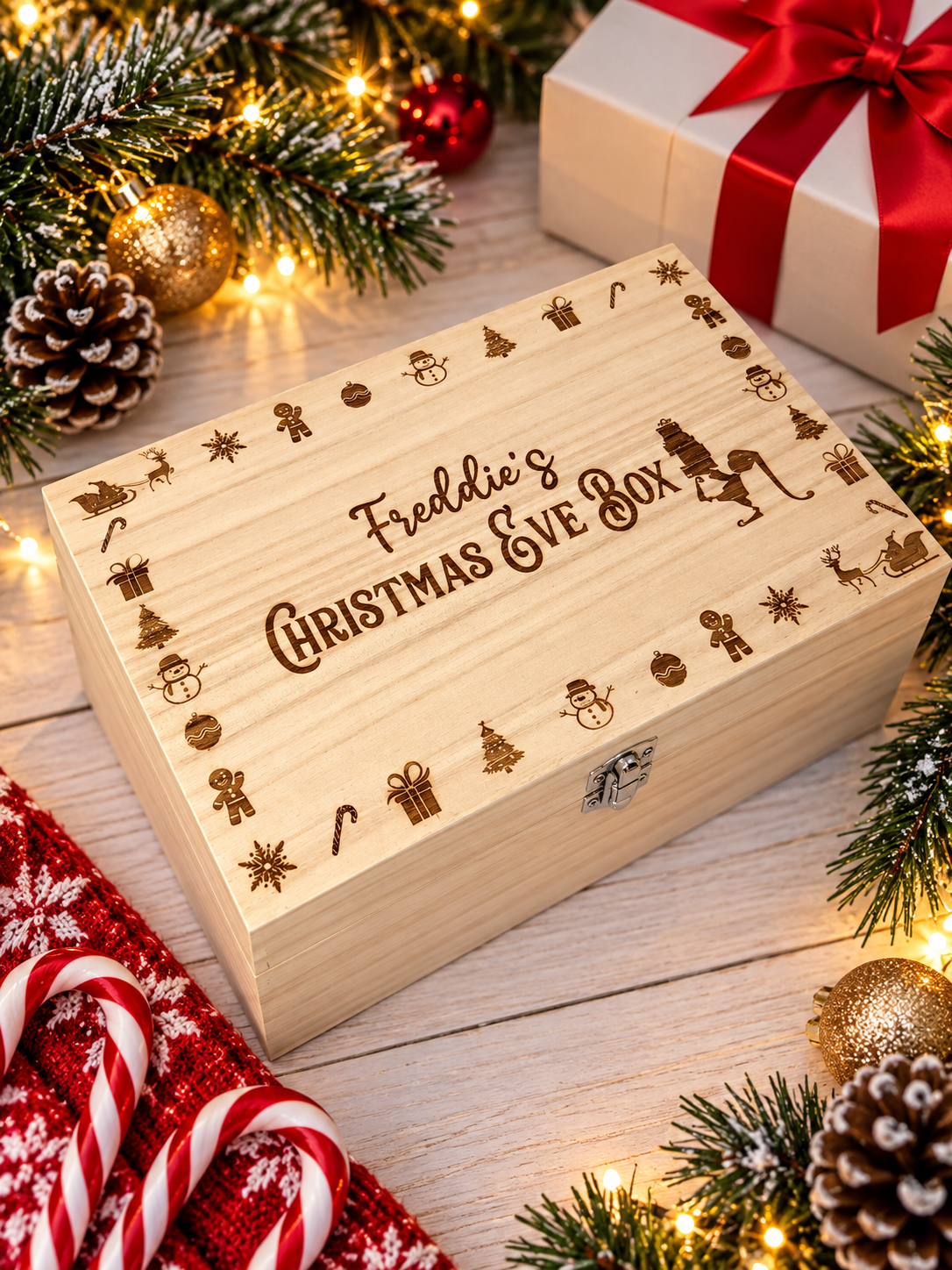 Personalised Christmas Eve Box Santa's Workshop Elf Reindeer Gingerbread Man Tree Bauble Wooden Engraved Memory Box