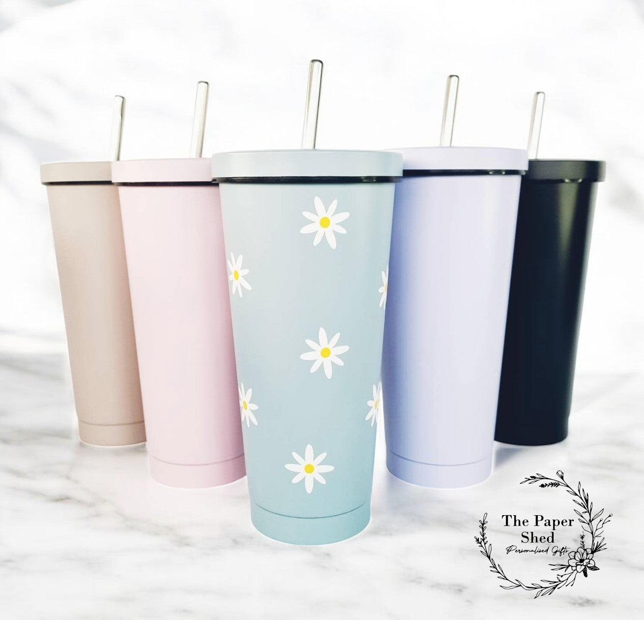 Pastel tall 600ml insulated personalised tumbler with lid and straw daisy