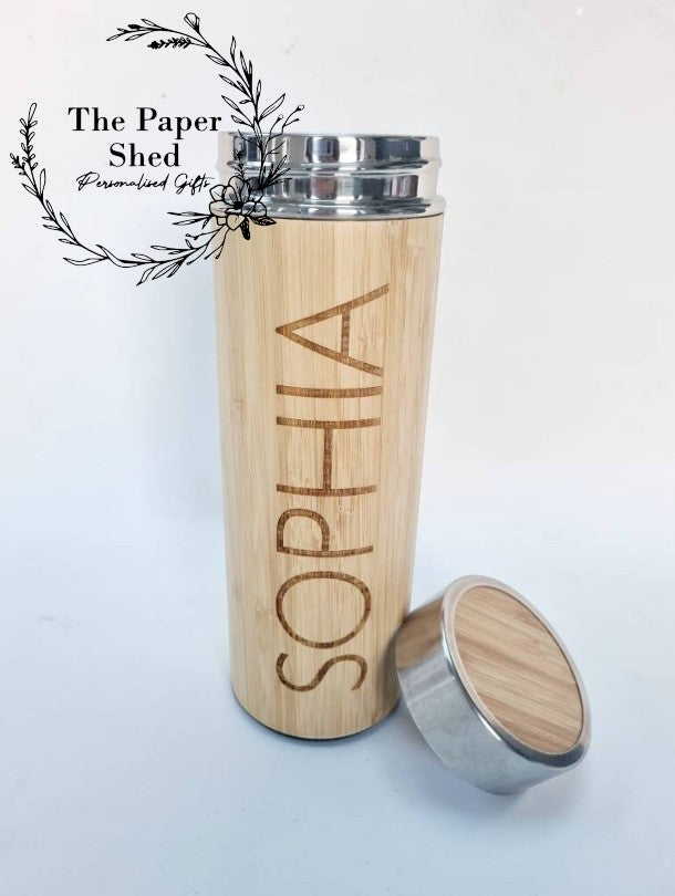 Personalised name thermal water bottle engraved bamboo thermos flask