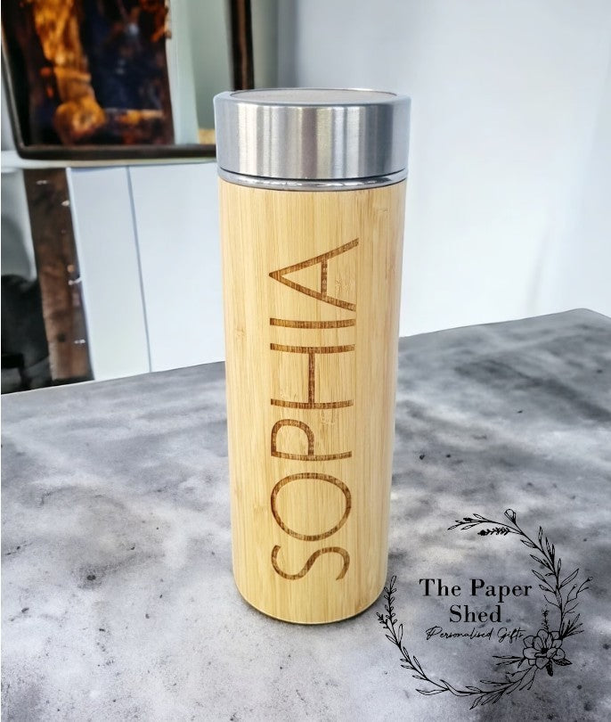 Personalised name thermal water bottle engraved bamboo thermos flask