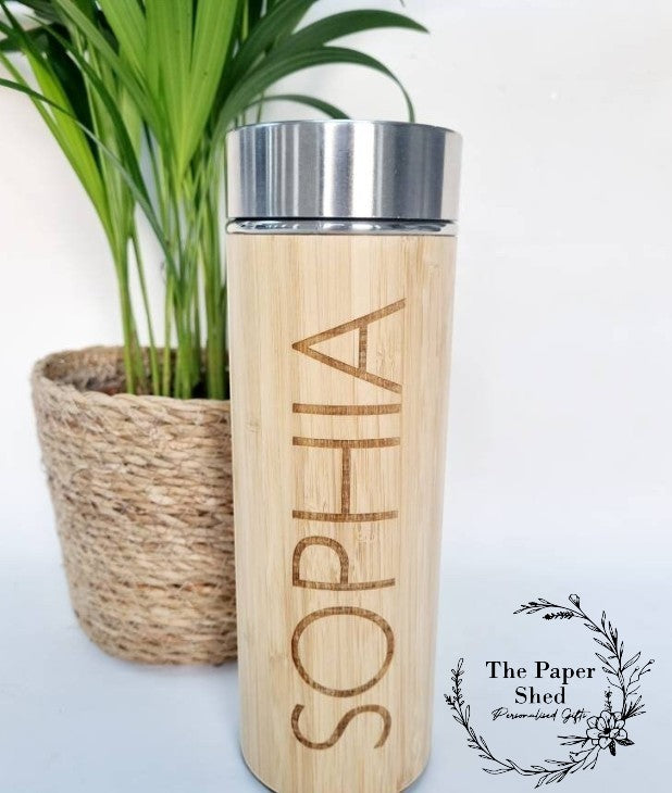 Personalised name thermal water bottle engraved bamboo thermos flask