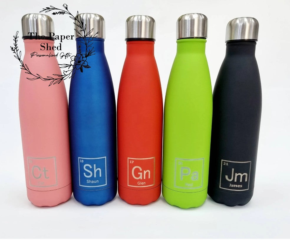 Personalised name thermal water bottle periodic table elements engraved