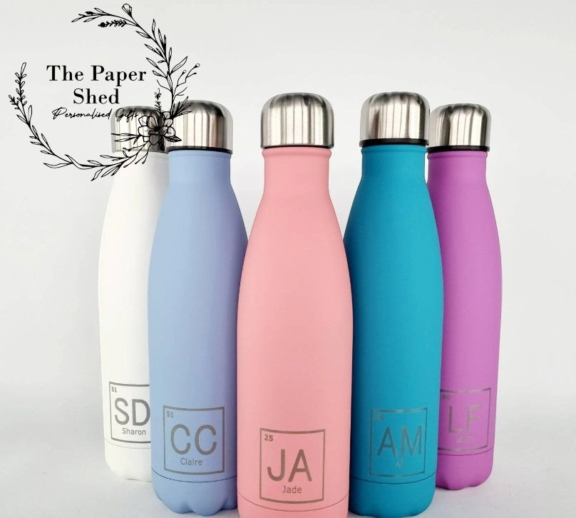 Personalised name thermal water bottle periodic table elements engraved