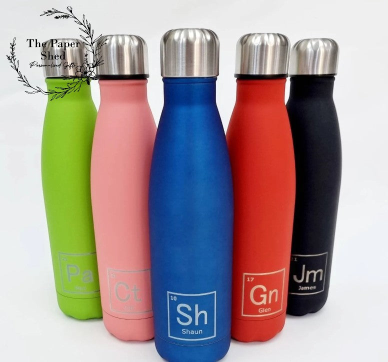 Personalised name thermal water bottle periodic table elements engraved