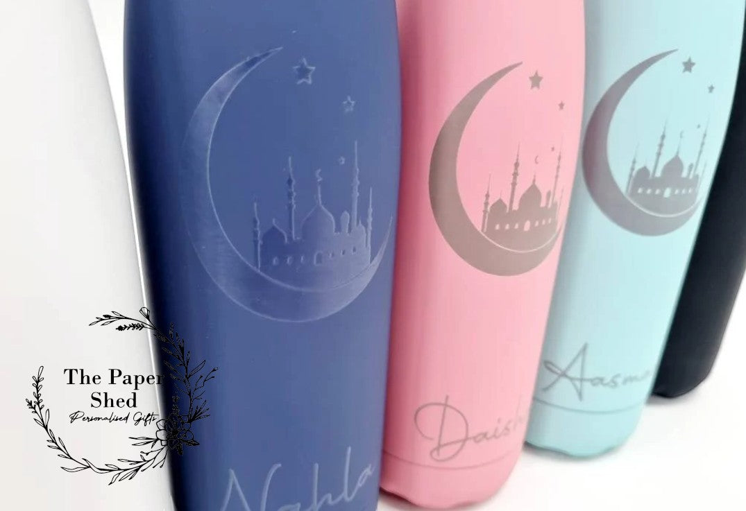 Personalised name thermal water bottle engraved Moon