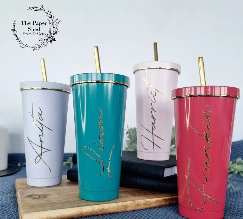 Pastel tall 600ml insulated personalised tumbler with Gold Rim lid and straw cold cup