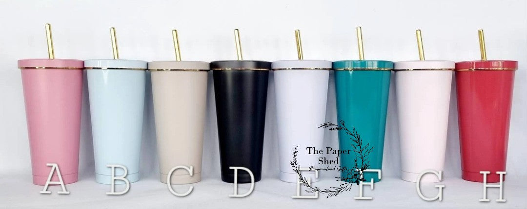 Pastel tall 600ml insulated personalised tumbler with Gold Rim lid and straw cold cup