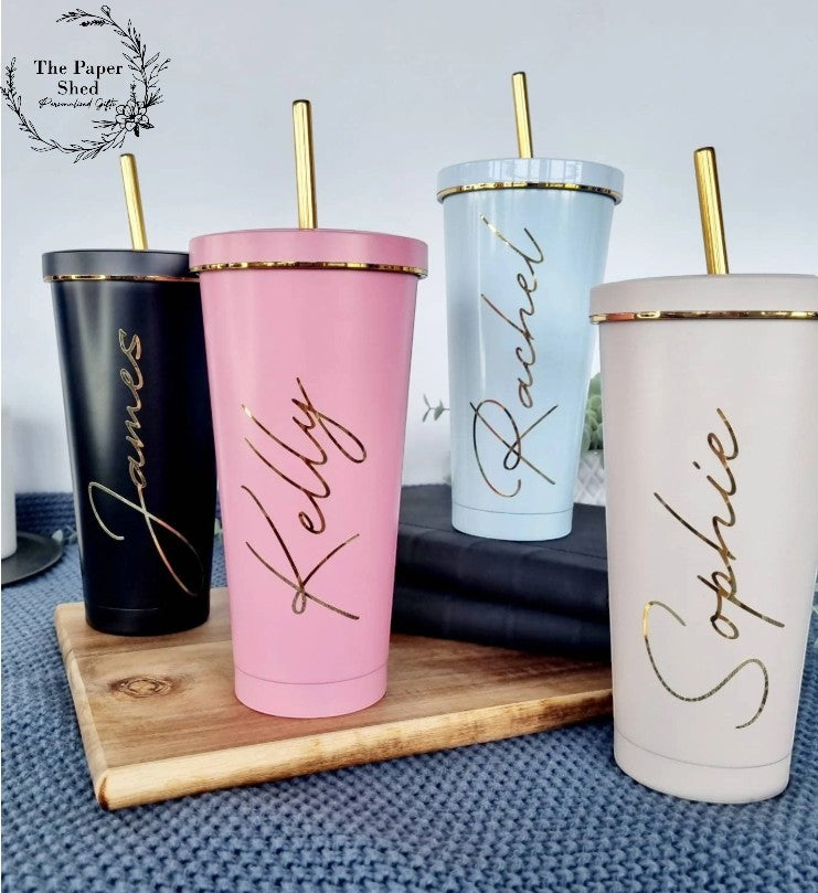 Pastel tall 600ml insulated personalised tumbler with Gold Rim lid and straw cold cup