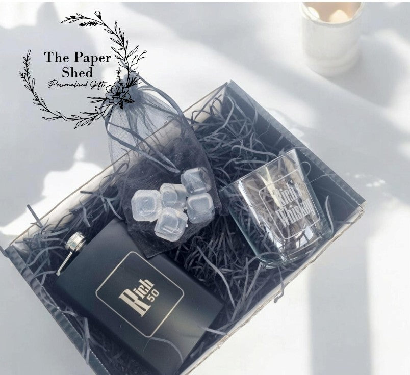 Personalised Whiskey Gift Set, Birthday, Father's Day, Daddy, , Grandad, , Whiskey Glass, Hip Flask, Re-usable ice cubes, Special Birthday