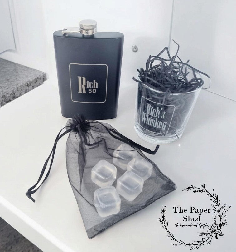 Personalised Whiskey Gift Set, Birthday, Father's Day, Daddy, , Grandad, , Whiskey Glass, Hip Flask, Re-usable ice cubes, Special Birthday