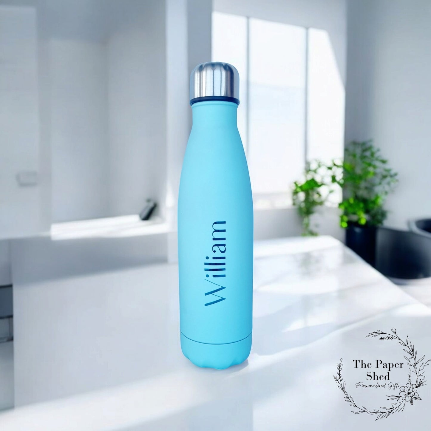 500ml Thermal Personalised Name Water Bottle Metallic Writing School Version 1 V1 Bold Font
