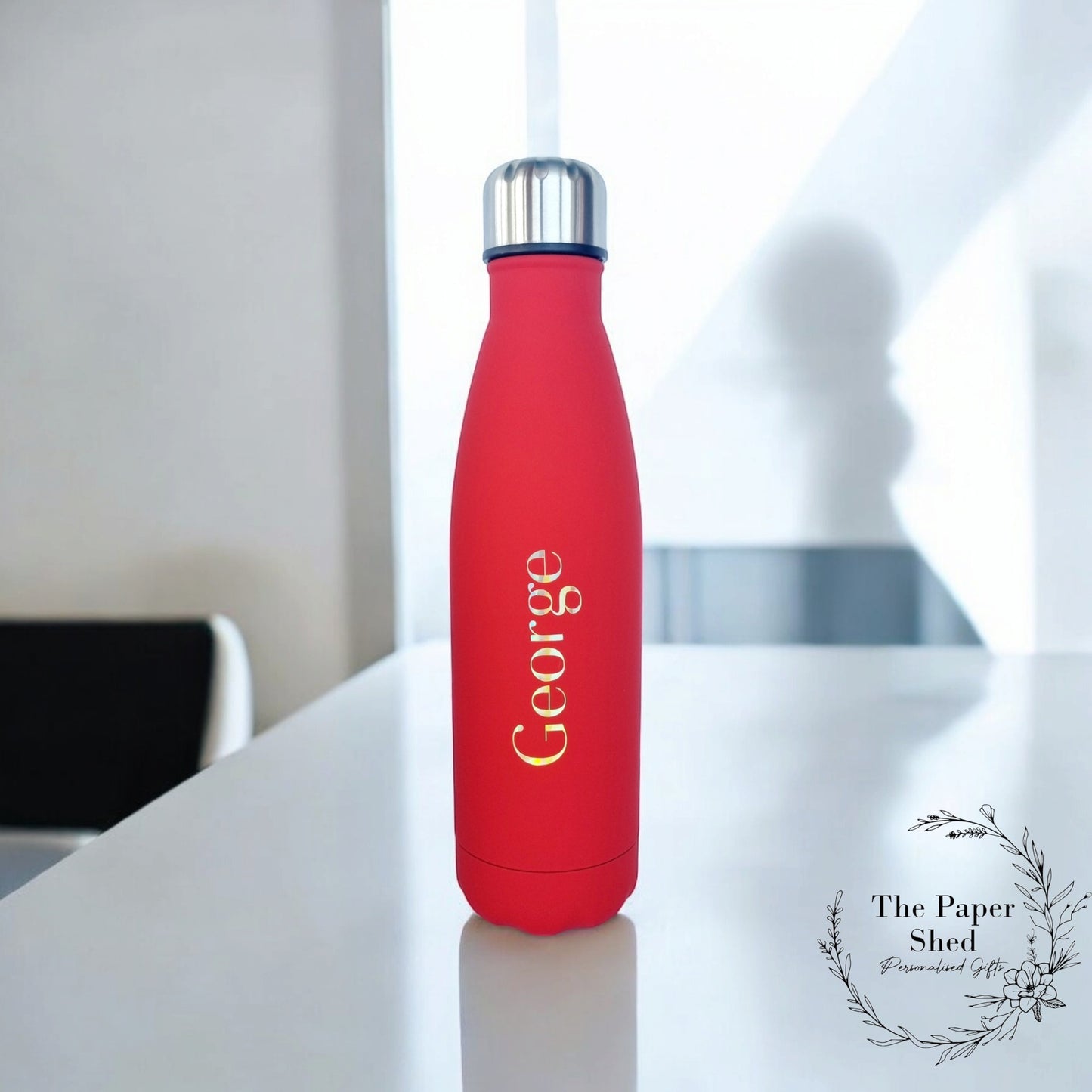 500ml Thermal Personalised Name Water Bottle Metallic Writing School Version 1 V1 Bold Font