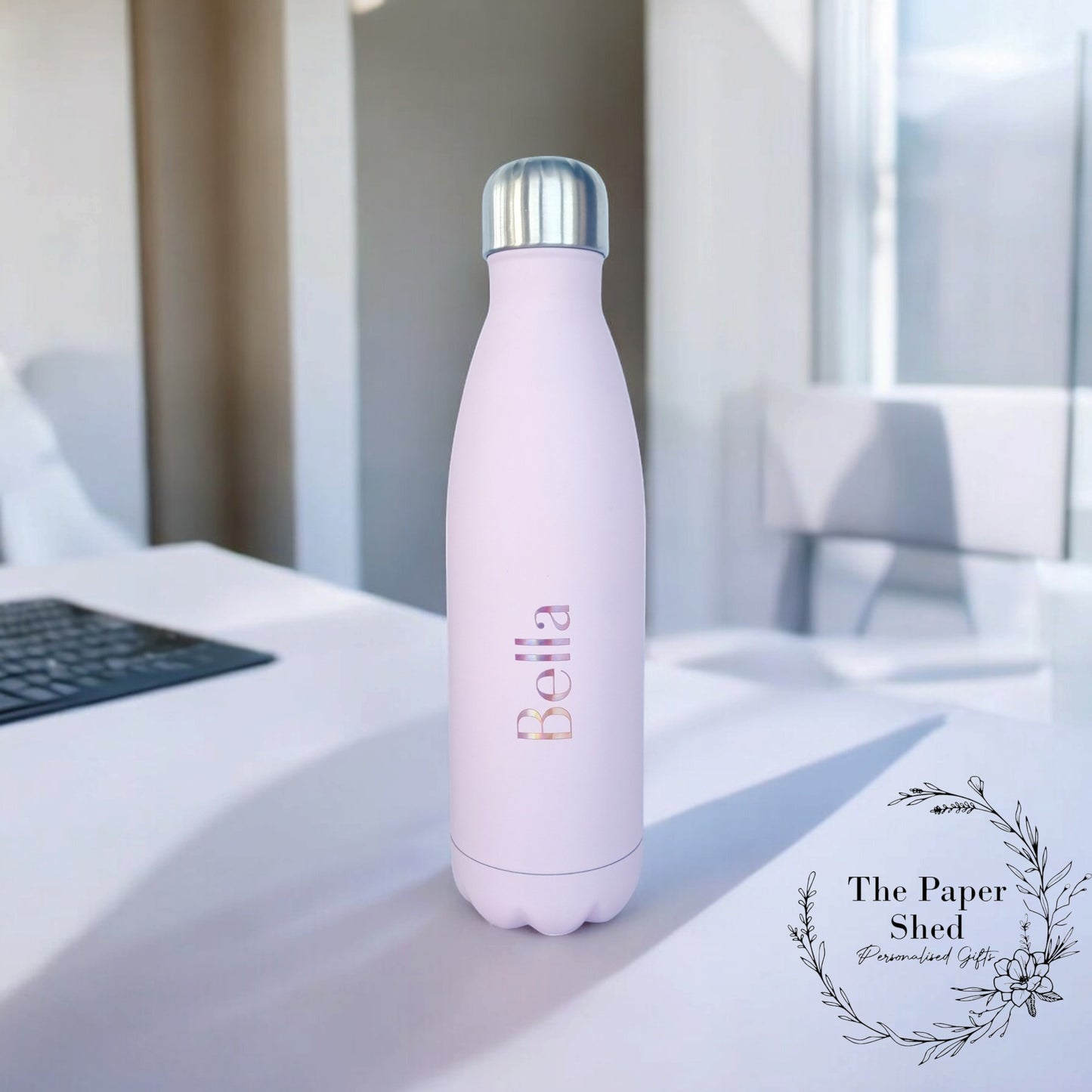 500ml Thermal Personalised Name Water Bottle Metallic Writing School Version 1 V1 Bold Font