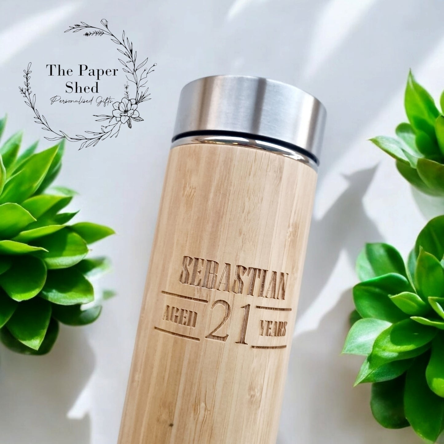 Engraved personalised bamboo wooden thermal drink flask age