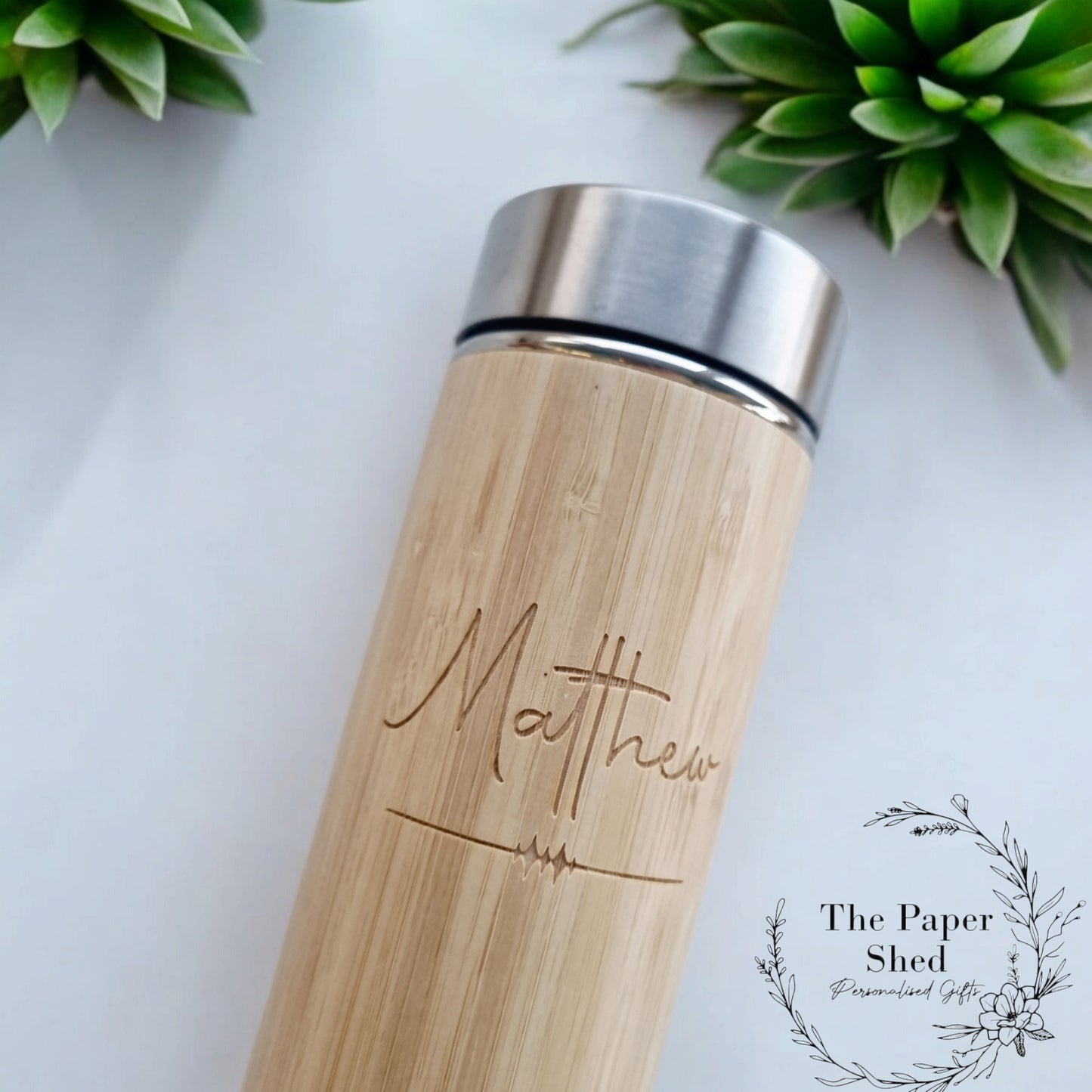 Engraved personalised bamboo wooden thermal drink flask age Script