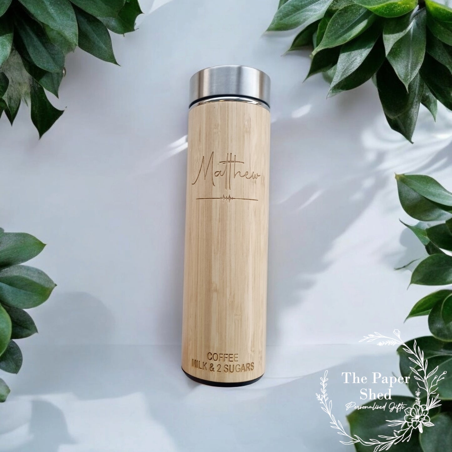 Engraved personalised bamboo wooden thermal drink flask age Script
