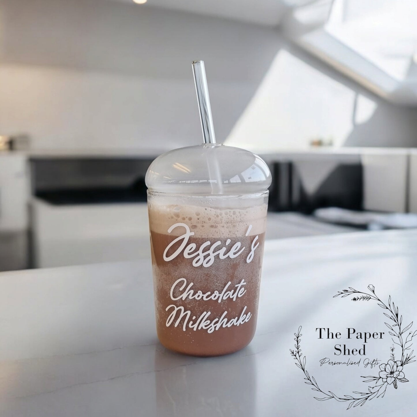 Glass Dome Lid Cup With Straw Personalised With Name