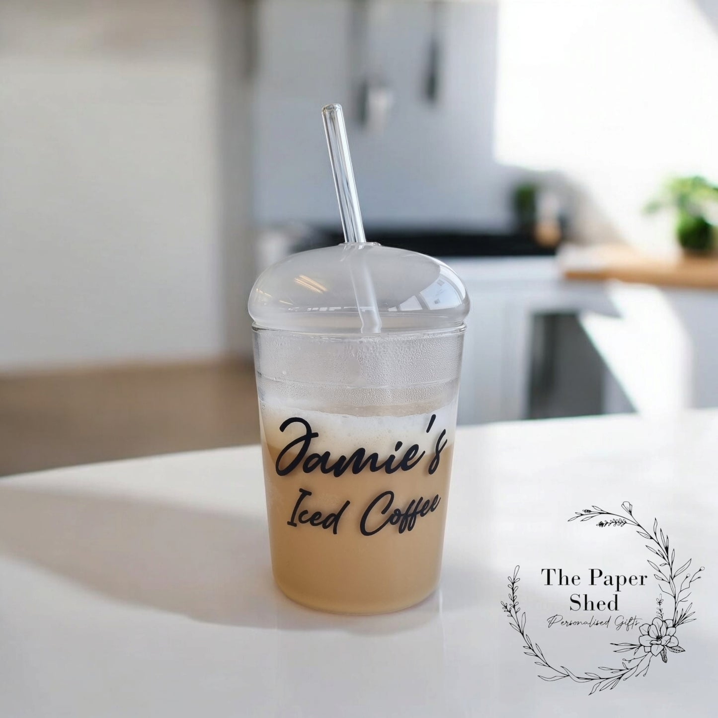 Glass Dome Lid Cup With Straw Personalised With Name