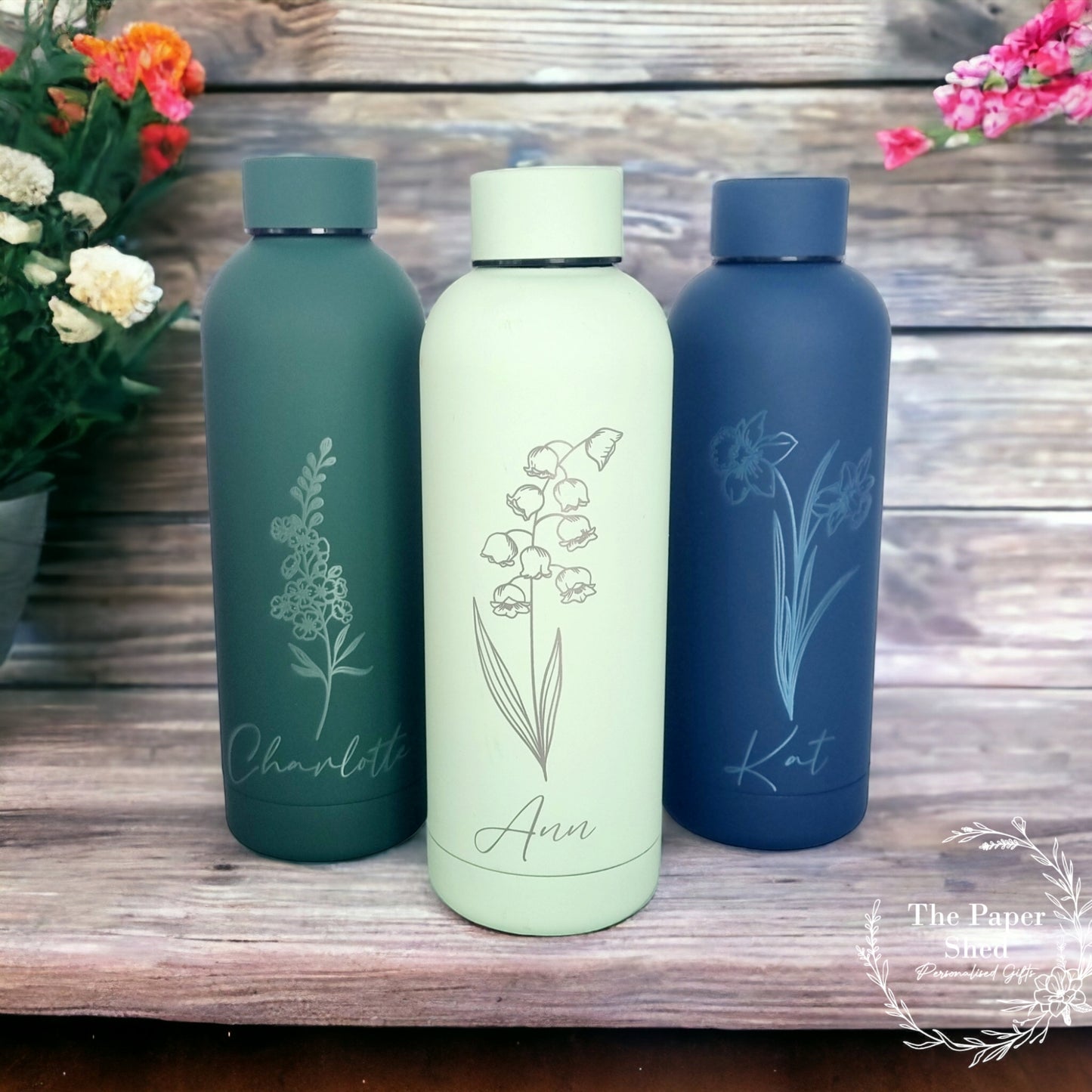 Personalised Birth Flower Engraved Name Thermal Bottle Teacher Gift (Copy)