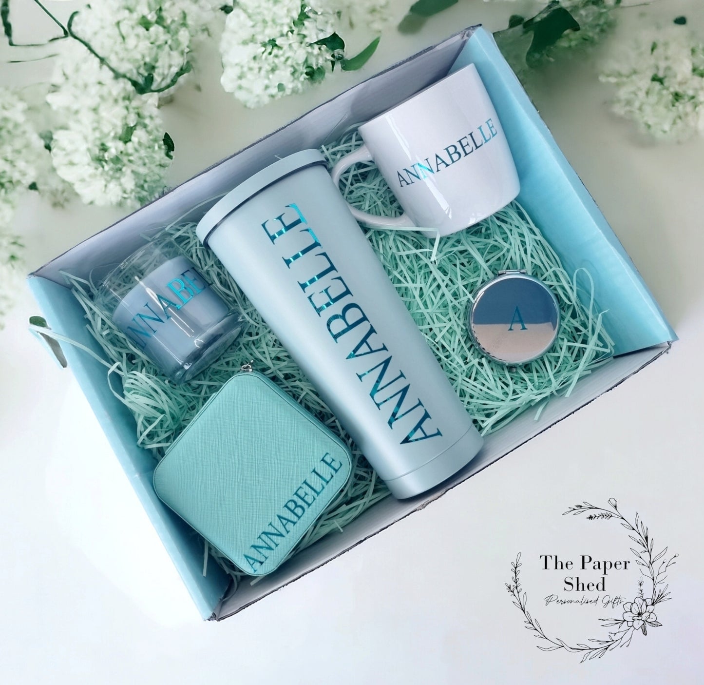Personalised - Gift Set - Birthday Present - For Her- Hamper - Purple - Pink - Green - Gold - Beige - Black - Silver - Mug - Candle - Mirror