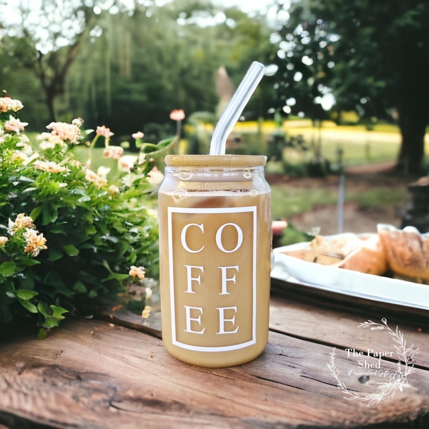 Coffee Can Shaped Glass with Bamboo Lid and glass Straw, Iced Coffee Glass, 12oz Cup, with Lid and Straw, Coffee Lovers Gift