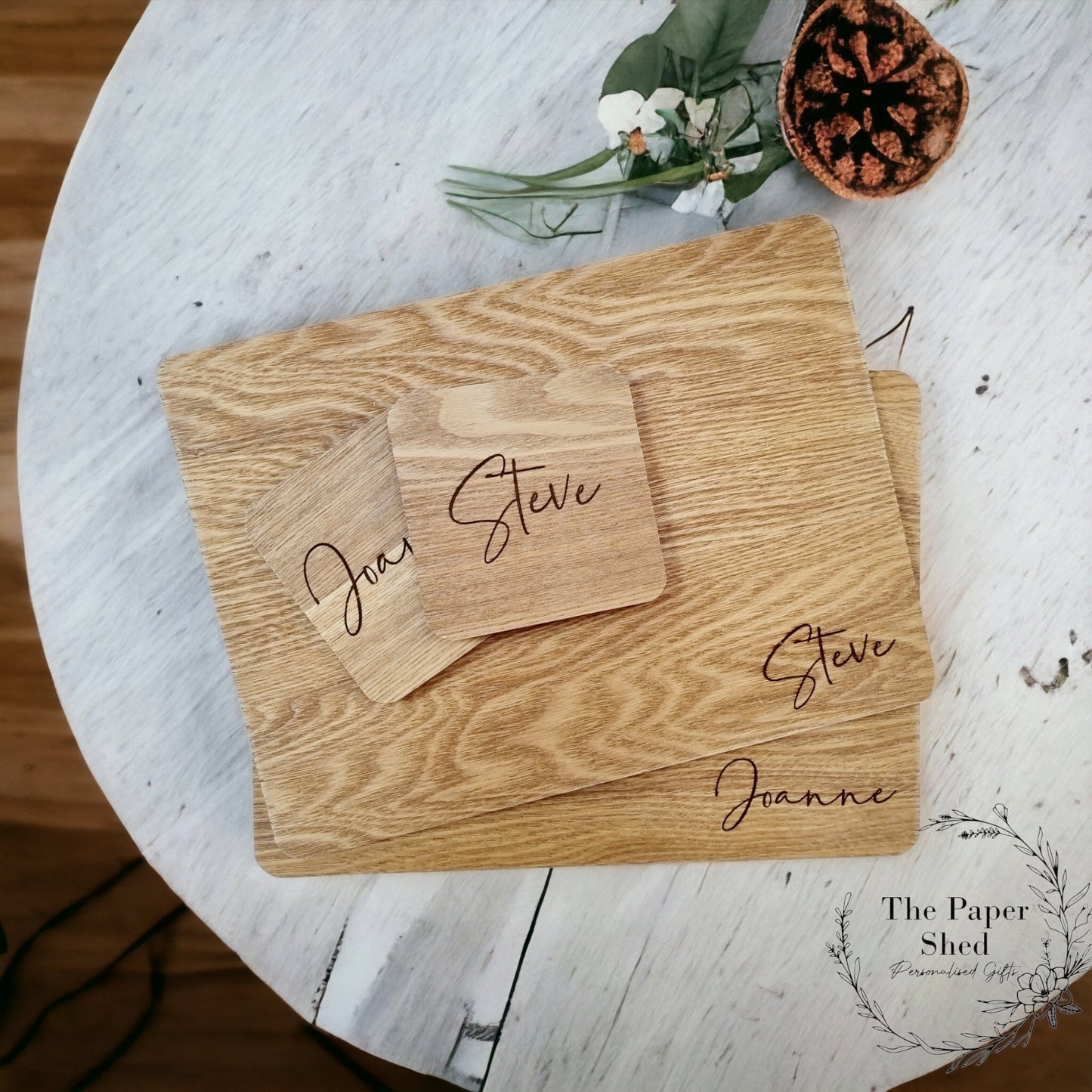 Engraved personalised wooden placemats and drinks coaster sets