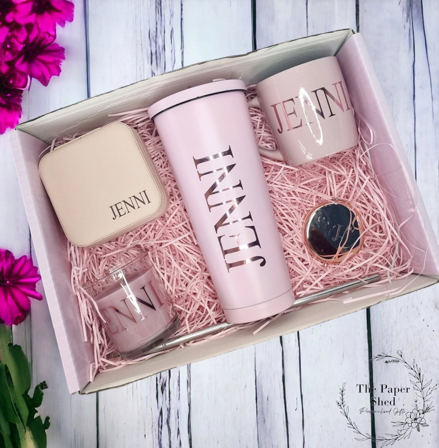Personalised - Gift Set - Birthday Present - For Her- Hamper - Purple - Pink - Green - Gold - Beige - Black - Silver - Mug - Candle - Mirror