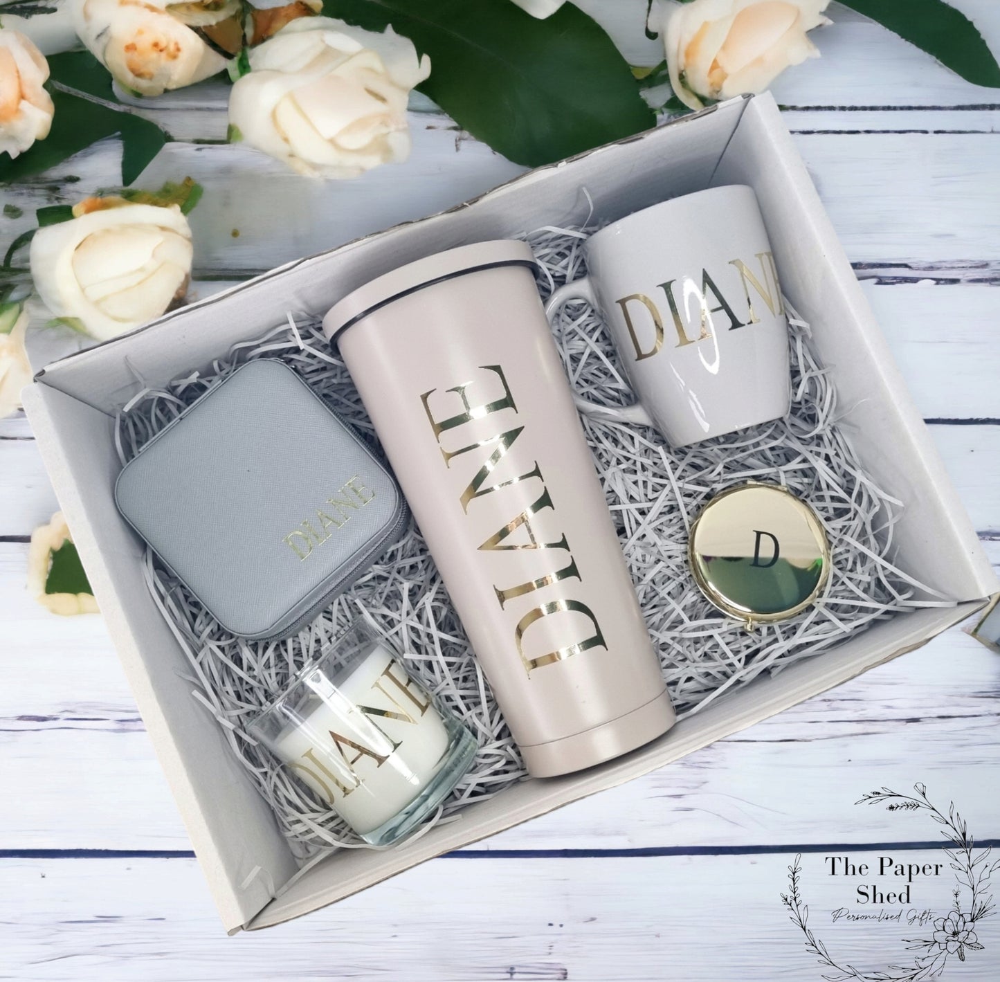Personalised - Gift Set - Birthday Present - For Her- Hamper - Purple - Pink - Green - Gold - Beige - Black - Silver - Mug - Candle - Mirror