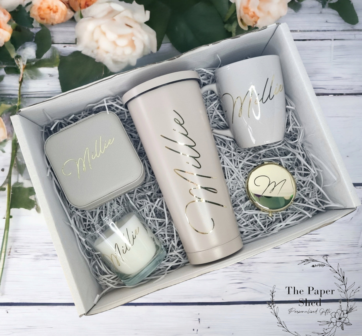 Personalised - Gift Set - Birthday Present - For Her- Hamper - Purple - Pink - Green - Gold - Beige - Black - Silver - Mug - Candle - Bride - script