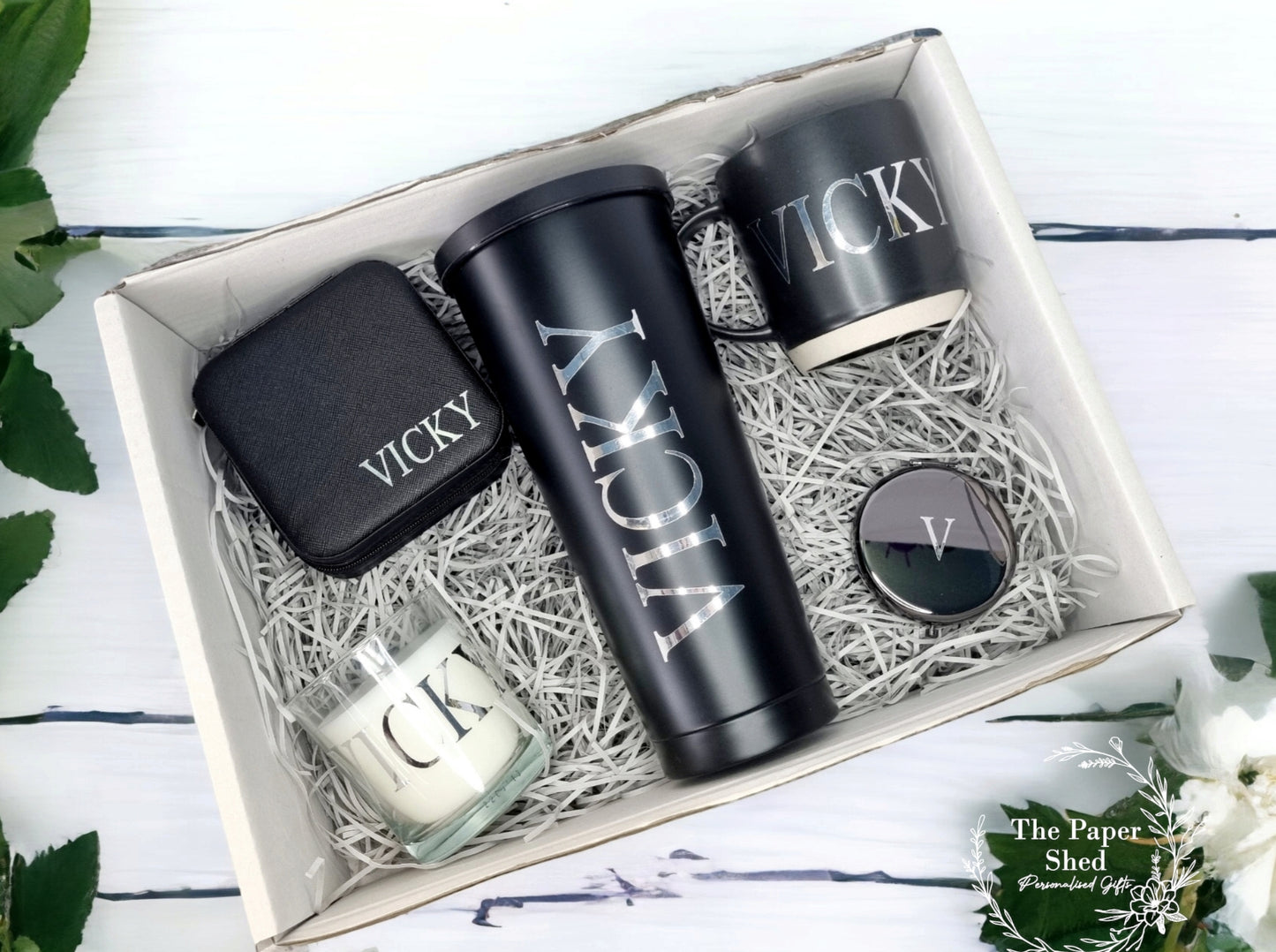 Personalised - Gift Set - Birthday Present - For Her- Hamper - Purple - Pink - Green - Gold - Beige - Black - Silver - Mug - Candle - Mirror