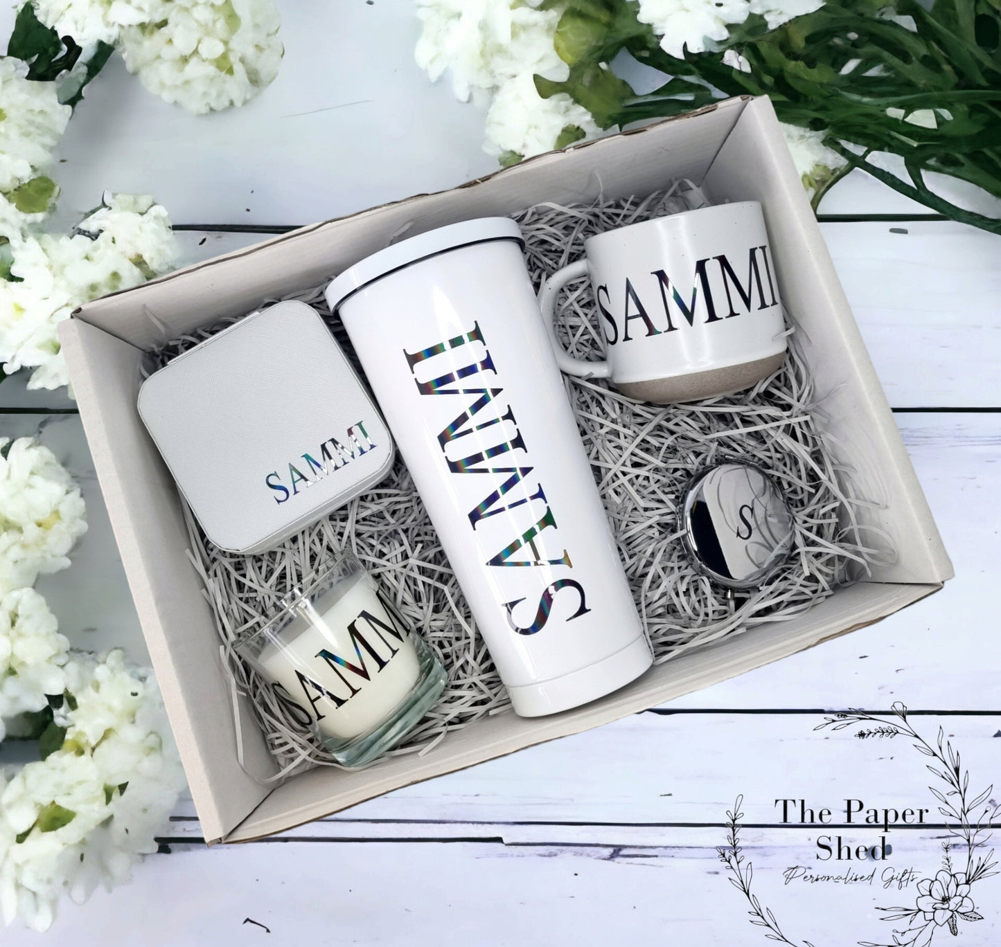 Personalised - Gift Set - Birthday Present - For Her- Hamper - Purple - Pink - Green - Gold - Beige - Black - Silver - Mug - Candle - Mirror