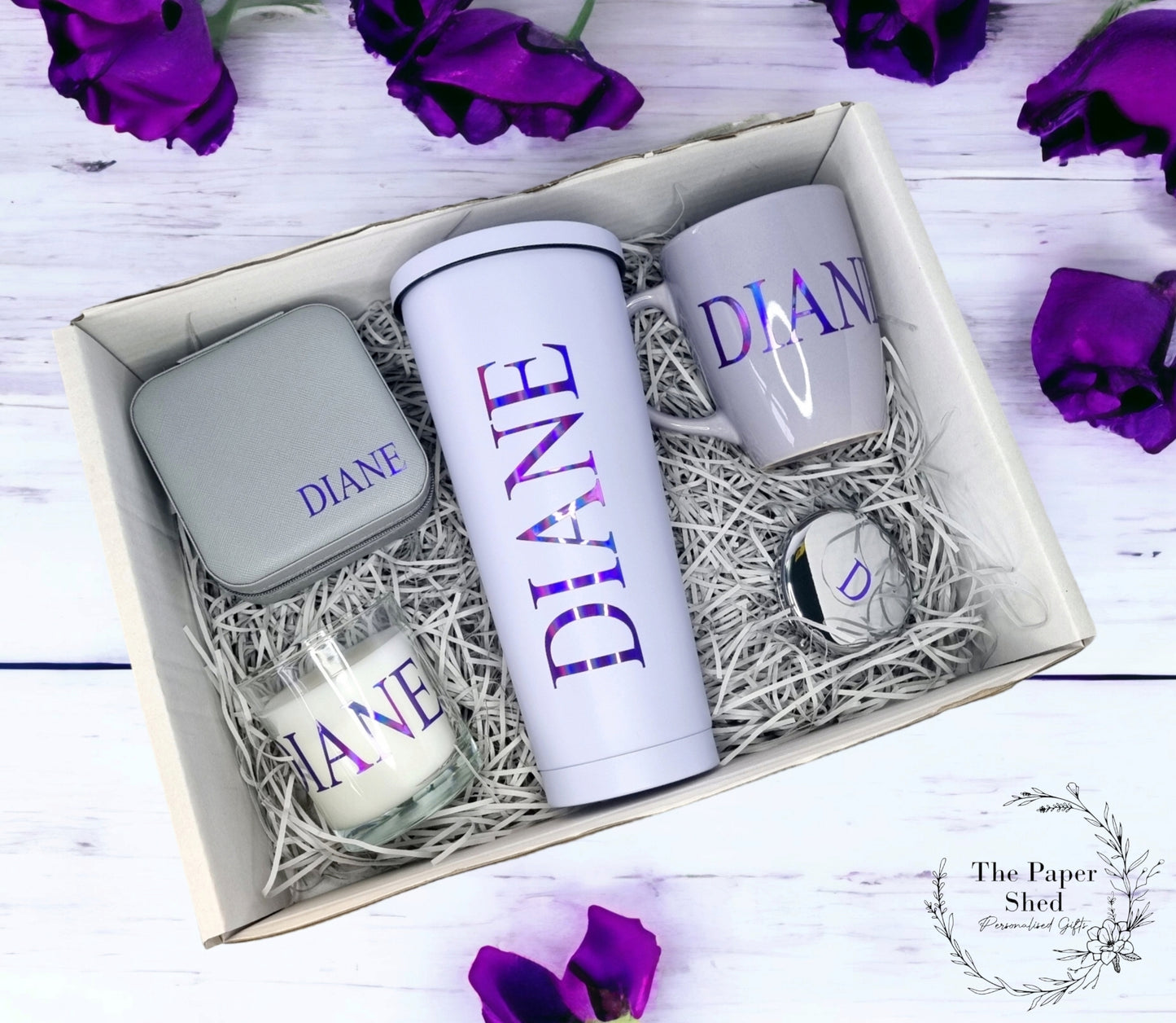 Personalised - Gift Set - Birthday Present - For Her- Hamper - Purple - Pink - Green - Gold - Beige - Black - Silver - Mug - Candle - Mirror