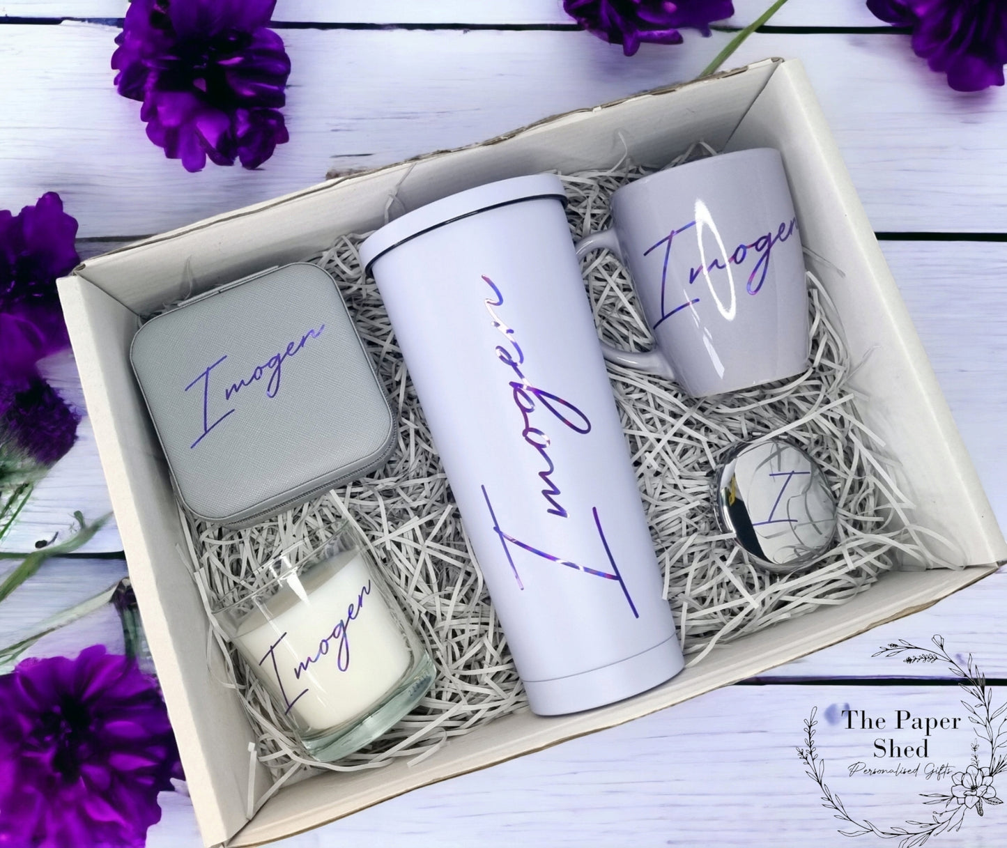 Personalised - Gift Set - Birthday Present - For Her- Hamper - Purple - Pink - Green - Gold - Beige - Black - Silver - Mug - Candle - Bride - script